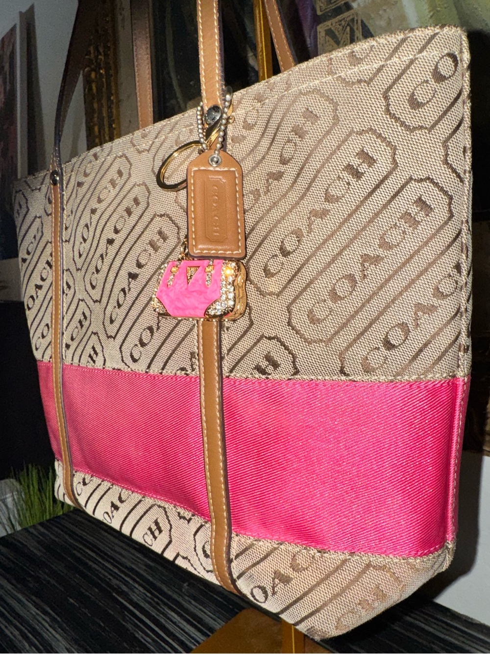 Coach 2008 Lozenge Brown Canvas Leather Trim Stripe Zipper Closure Tote Bag -GUC - Picture 2 of 14